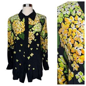 Bob Mackie Wearable Art Silk Floral Beaded Colorful Long Sleeve Lightweight Top